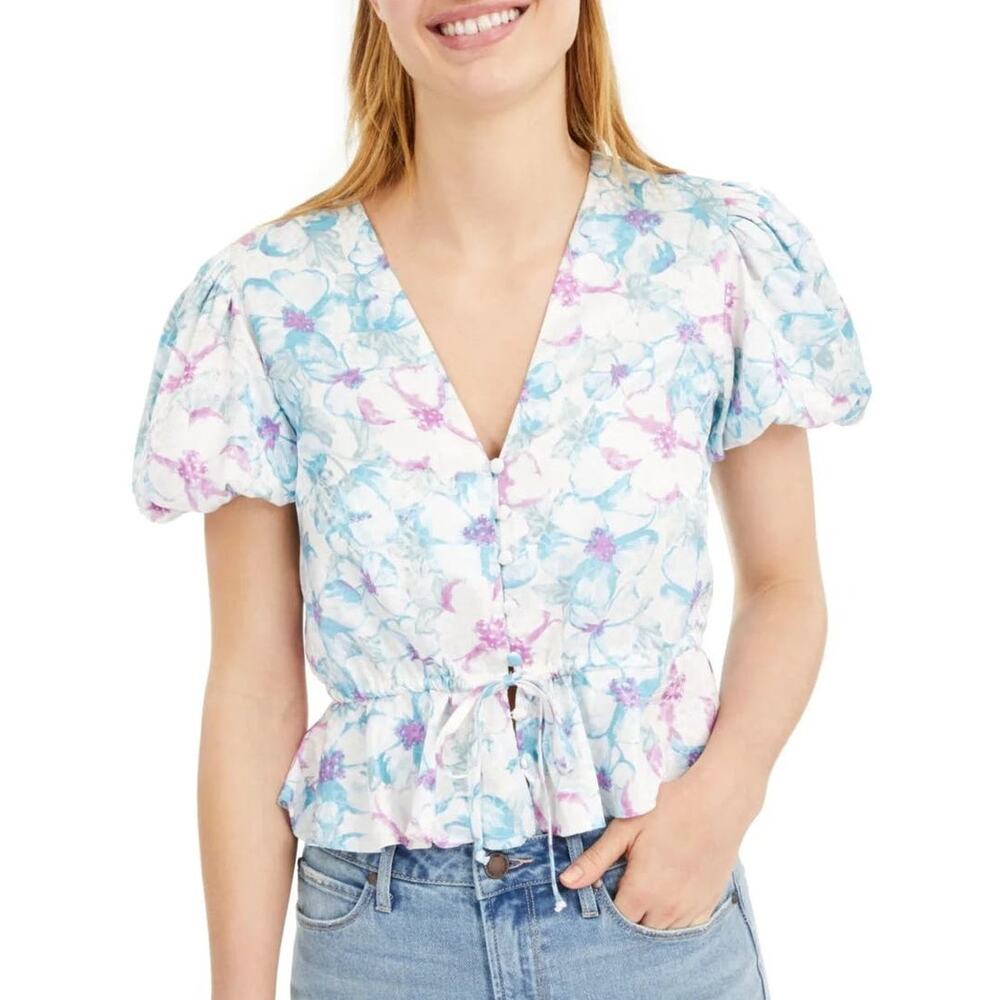 RAHI Floral Pouf V-Neck Button Up Top Blouse Light Blue Small